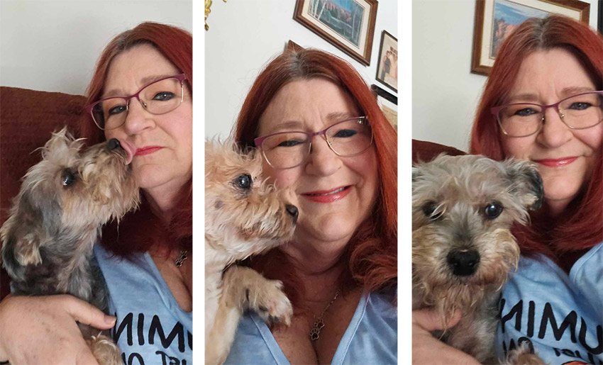 Cyndi with LeBron (left and right) and Tater (center). Photos courtesy of Cyndi Eaton.