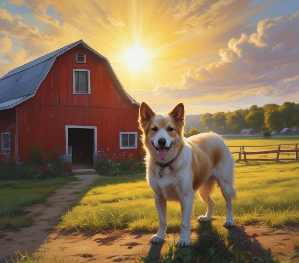 A dog stands in front of a barn, a bright sun shines in the background.