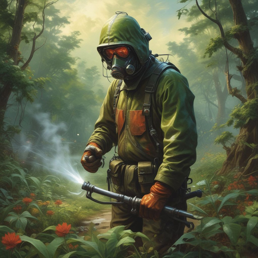 AI image of a man wearing a protective suit and spraying pesticides.