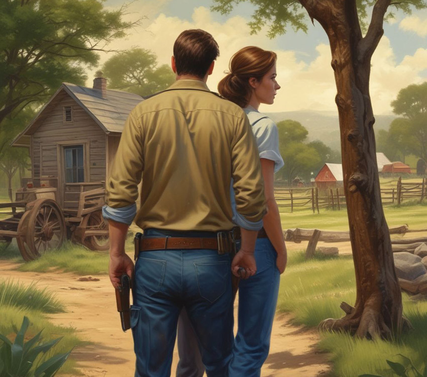 An officer and a woman in plain clothes approach a rural home.